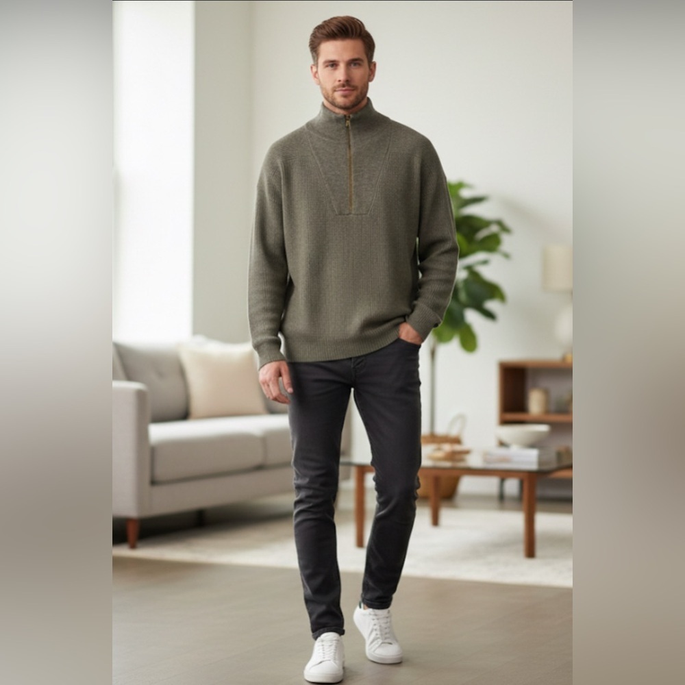 Repeat Cashmere Wool Blend Ribbed Quarter Zip Sweater Olive Green